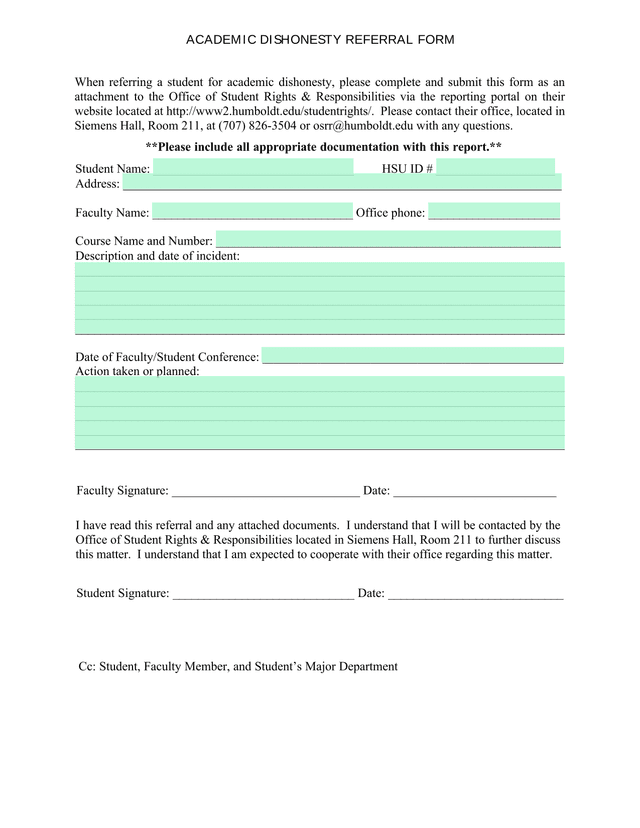 Academic Dishonesty Referral Form screenshot