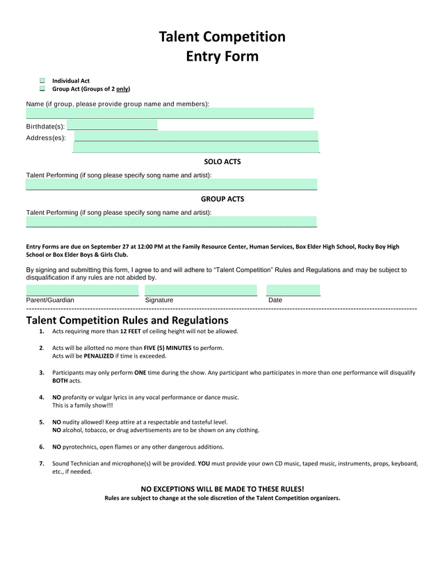 Talent Competition Entry Form screenshot