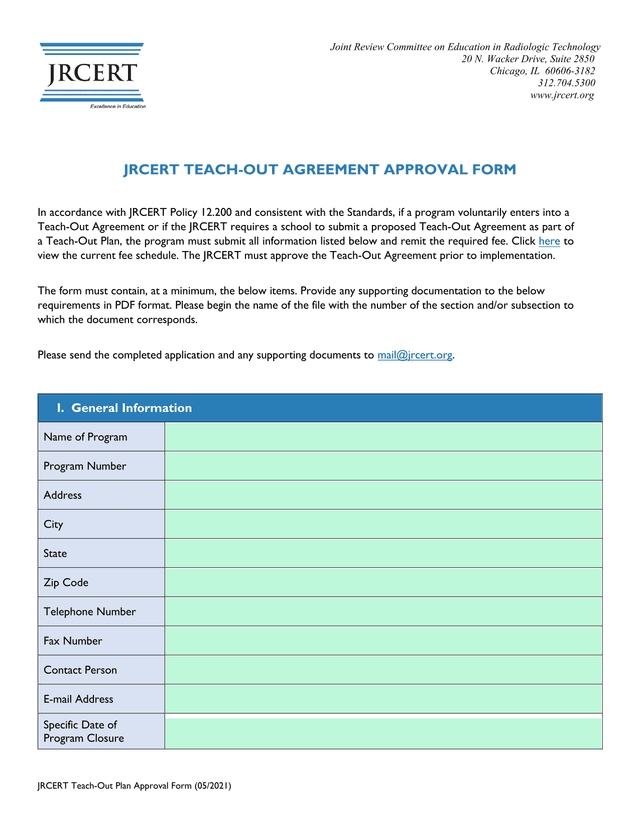 JRCERT Teach Out Plan Approval Form screenshot