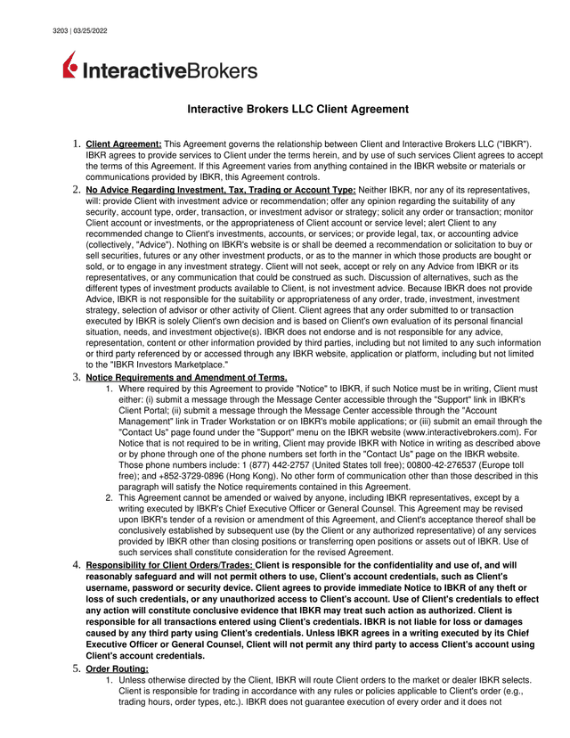 Interactive Brokers LLC Client Agreement screenshot