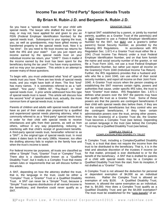 Income Tax And Third Party Special Needs Trusts screenshot
