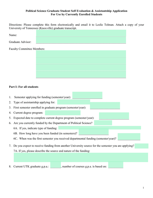 Political Science Graduate Student Self Evaluation  Assistantship Application screenshot