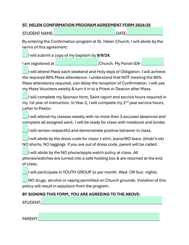 ST. HELEN CONFIRMATION PROGRAM AGREEMENT FORM 202425 screenshot