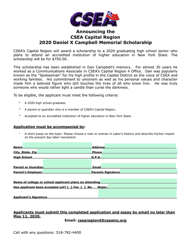CSEA Capital Region 2020 Daniel X Campbell Memorial Scholarship screenshot