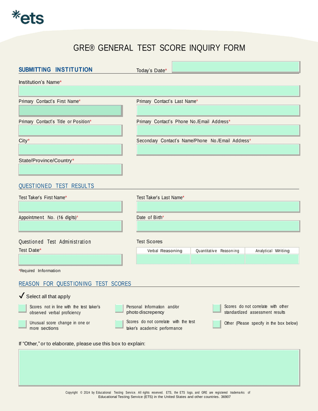 GRE GENERAL TEST SCORE INQUIRY FORM screenshot