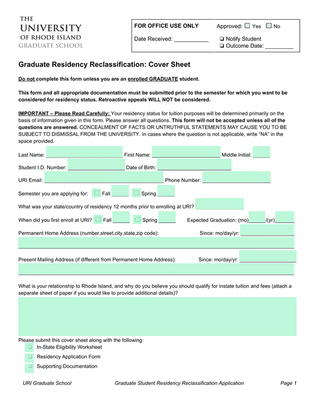 Graduate Student Residency Reclassification Cover Sheet screenshot