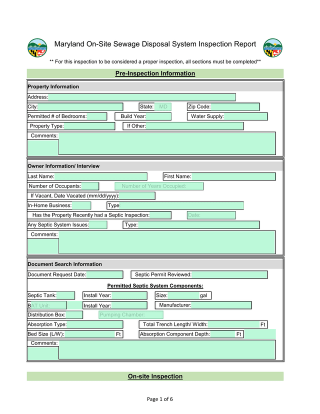 Maryland On Site Sewage Disposal System Inspection Report screenshot
