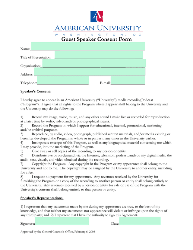 Guest Speaker Consent Form screenshot