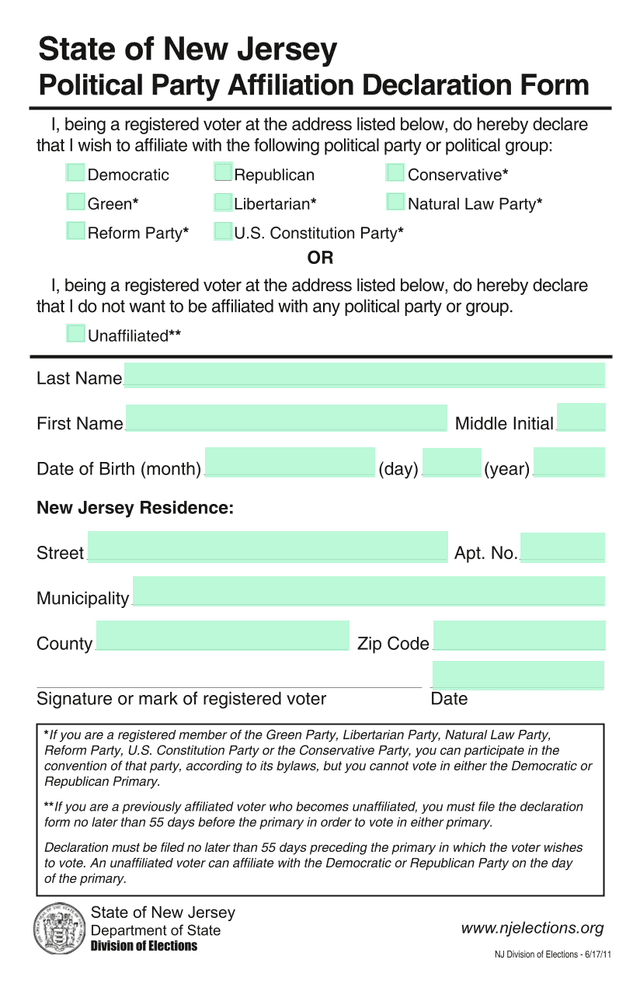 Political Party Affiliation Declaration Form screenshot