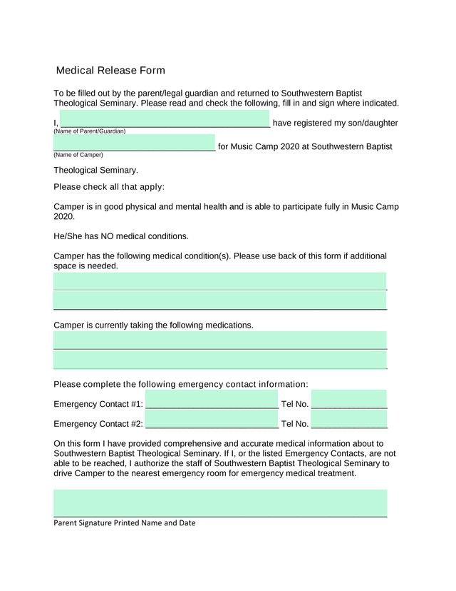 Medical Release Form screenshot