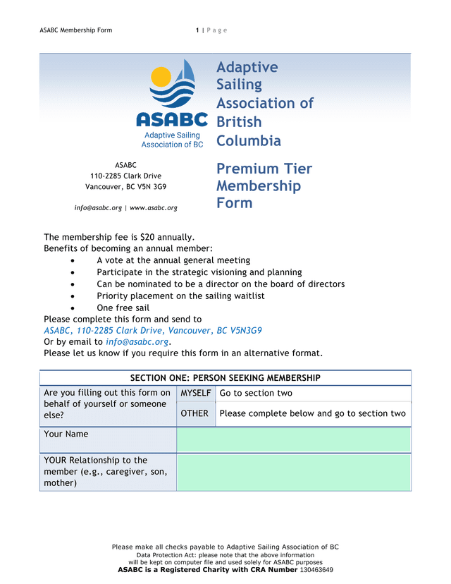 ASABC Membership Form screenshot