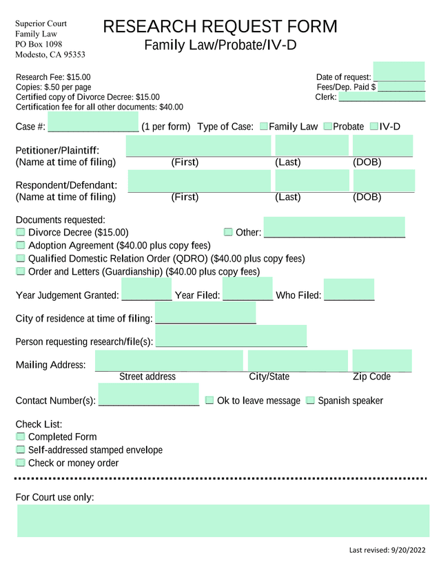 RESEARCH REQUEST FORM screenshot