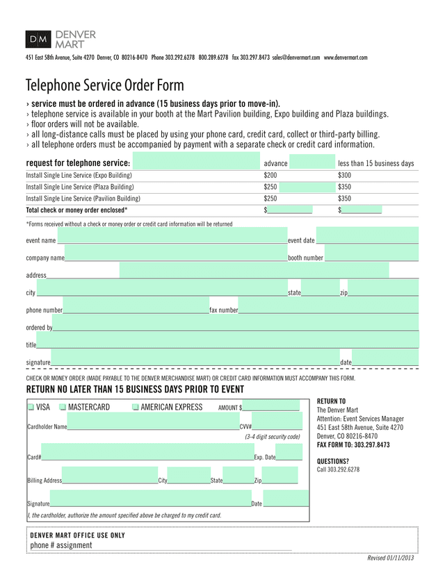 Denver Mart Telephone Service Order Form screenshot