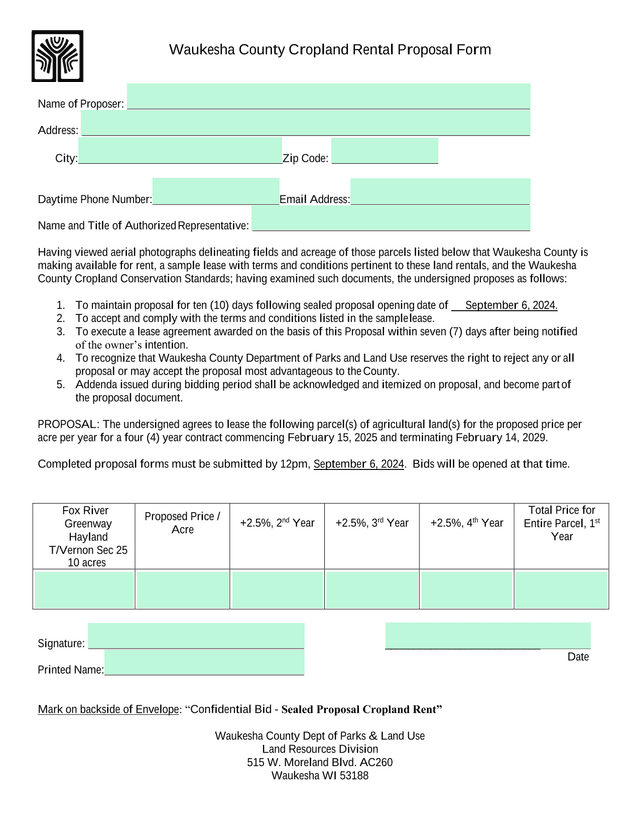 Waukesha County Cropland Rental Proposal Form screenshot