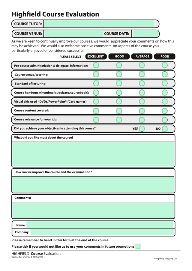 Highfield Course Evaluation screenshot