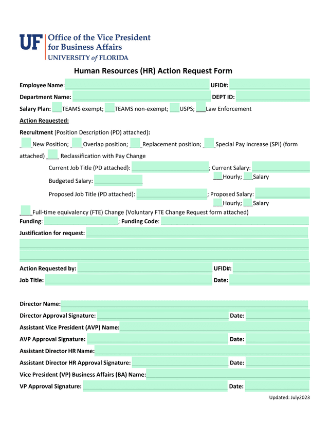HR Action Request Form screenshot