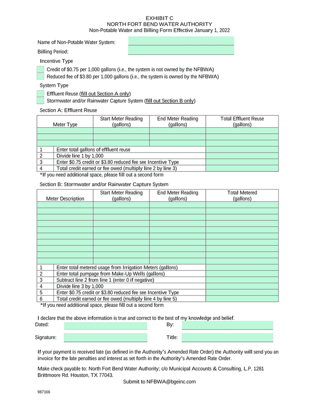 North Fort Bend Water Authority Non Potable Water And Billing Form screenshot