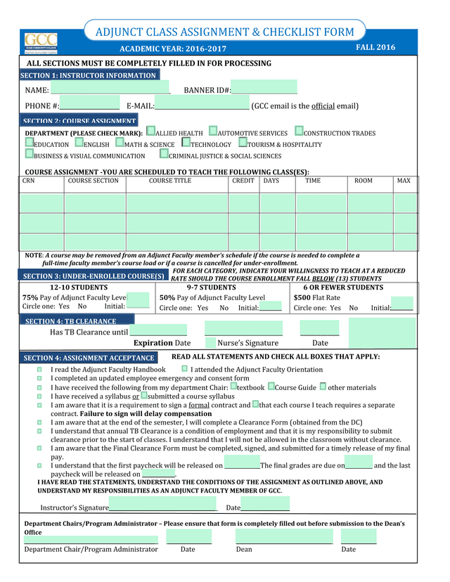 Adjunct Class Assignment  Checklist Form screenshot