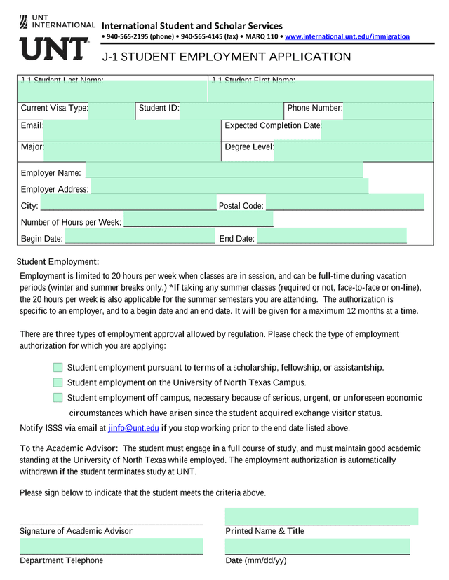 J 1 Student Employment Application screenshot
