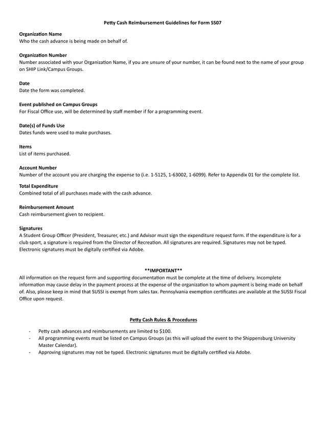 Petty Cash Reimbursement Guidelines For Form SS07 screenshot