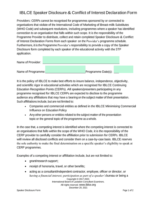 IBLCE Speaker Disclosure  Conflict Of Interest Declaration Form screenshot