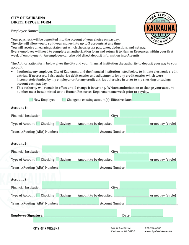 CITY OF KAUKAUNA DIRECT DEPOSIT FORM screenshot