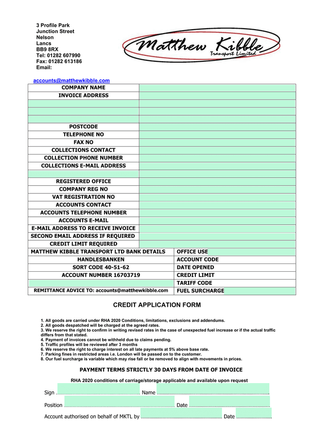 CREDIT APPLICATION FORM screenshot