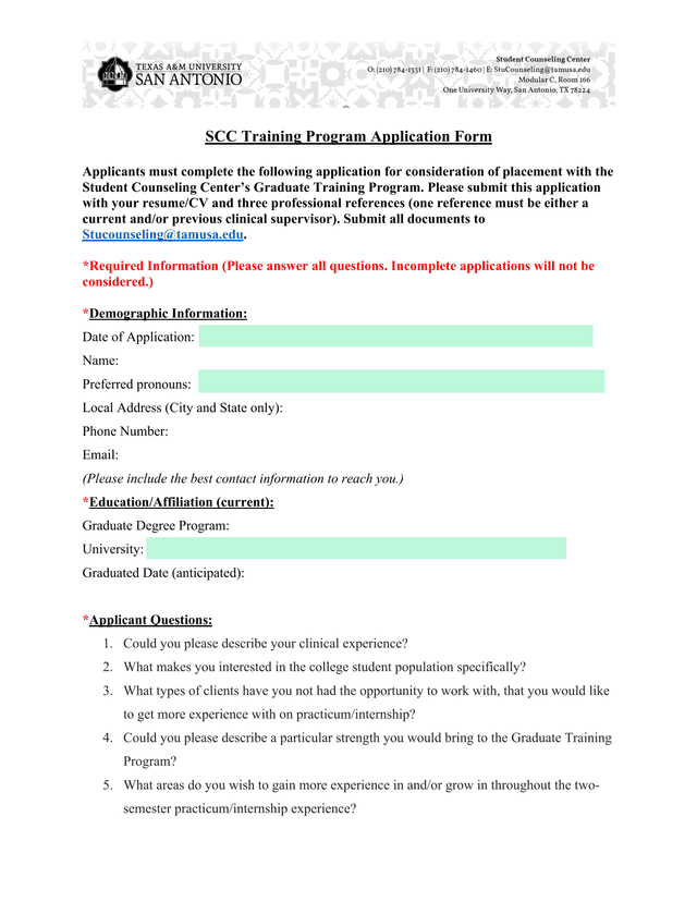 SCC Training Program Application Form screenshot