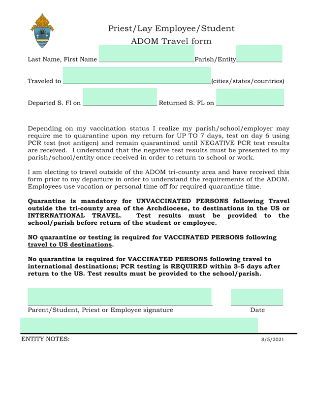 ADOM Travel Form screenshot