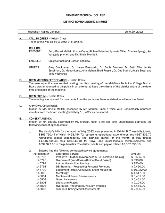 Mid State Technical College District Board Meeting Minutes screenshot