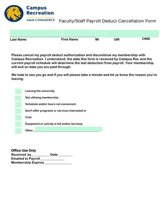 FacultyStaff Payroll Deduct Cancellation Form screenshot