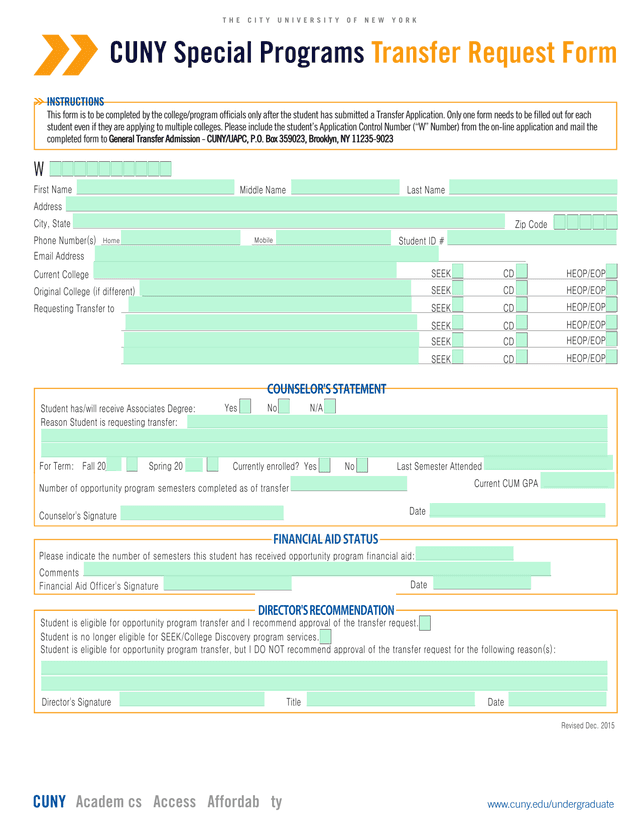 CUNY Special Programs Transfer Request Form screenshot