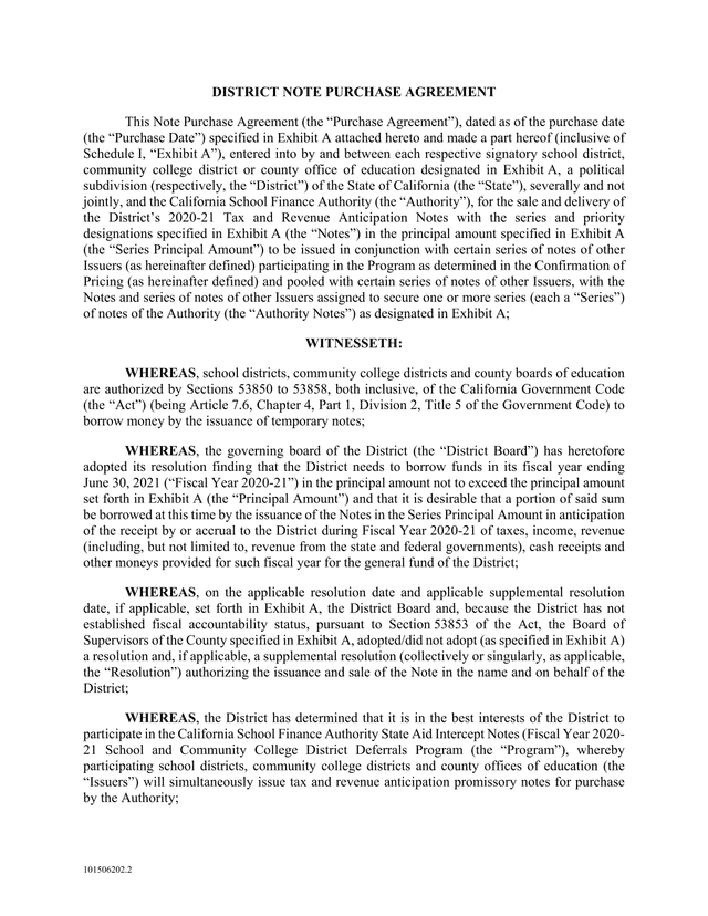 District Note Purchase Agreement screenshot
