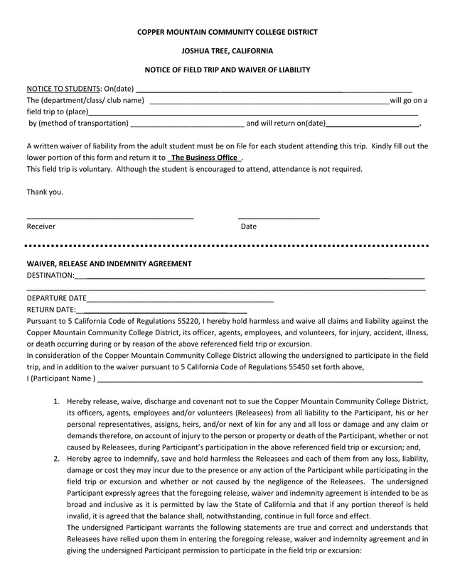Notice Of Field Trip And Waiver Of Liability screenshot