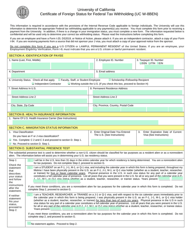 UC W 8BEN Certificate Of Foreign Status For Federal Tax Withholding screenshot