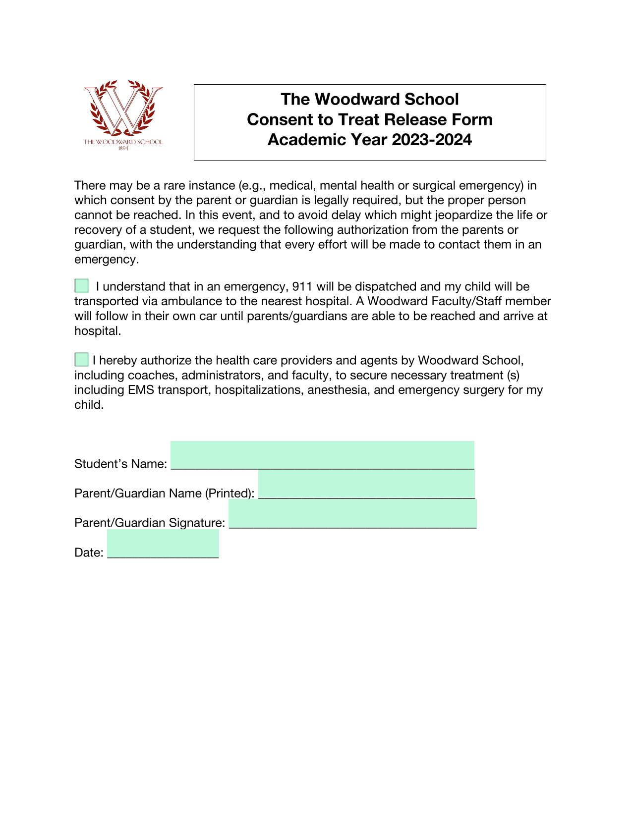 Consent To Treat Release Form screenshot