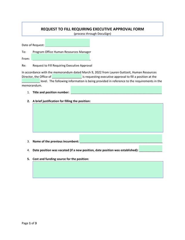 REQUEST TO FILL REQUIRING EXECUTIVE APPROVAL FORM screenshot