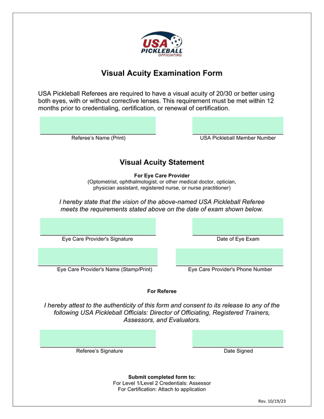 Visual Acuity Examination Form screenshot