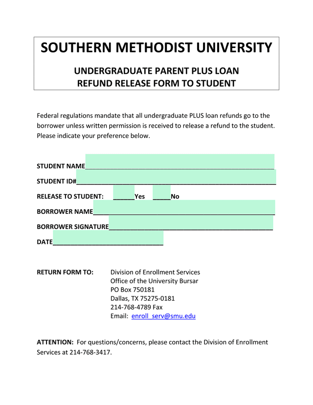 Undergraduate Parent PLUS Loan Refund Release Form To Student screenshot