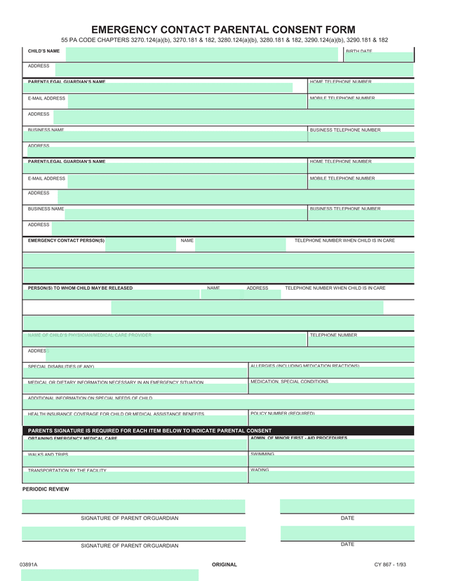 Emergency Contact Parental Consent Form screenshot