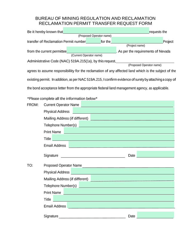 Reclamation Permit Transfer Request Form screenshot