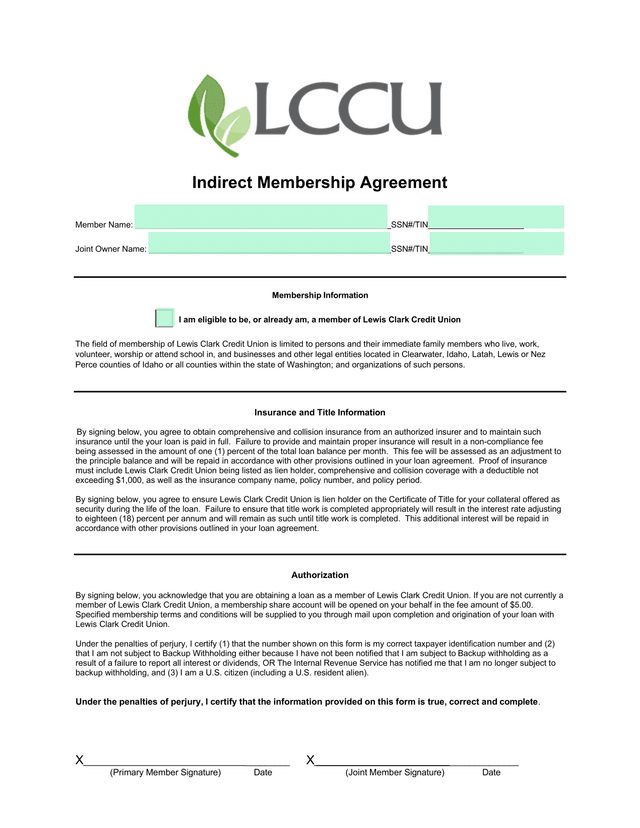 Indirect Membership Agreement screenshot