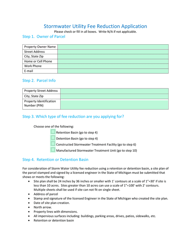 Stormwater Utility Fee Reduction Application screenshot