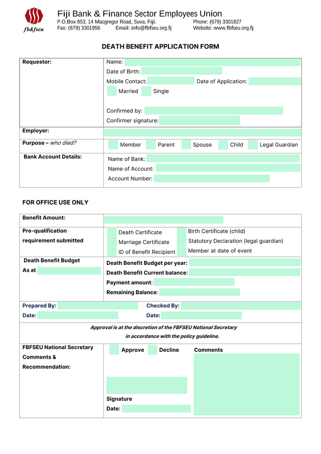 Death Benefit Application Form screenshot