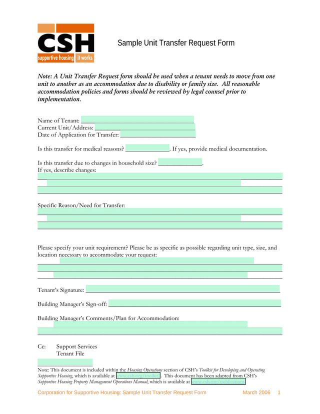 Sample Unit Transfer Request Form screenshot
