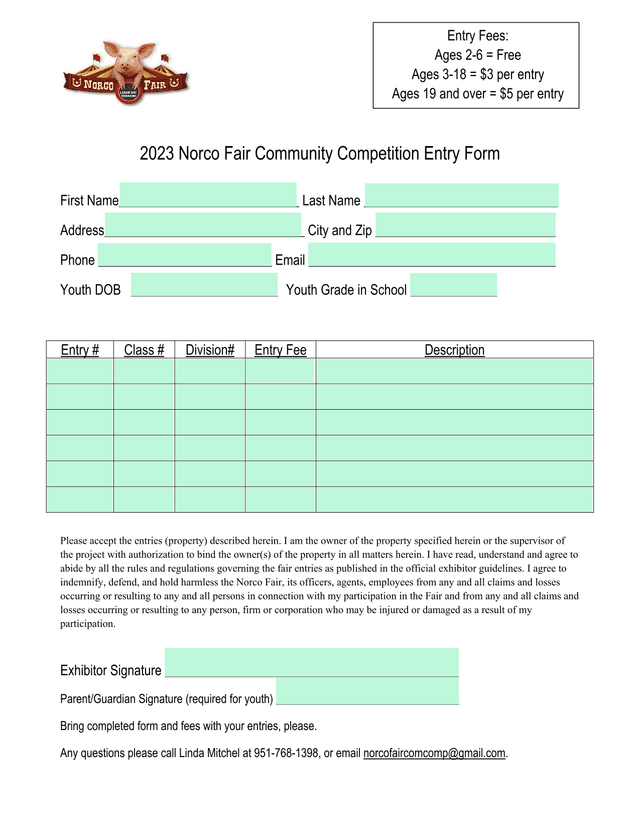 2023 Norco Fair Community Competition Entry Form screenshot