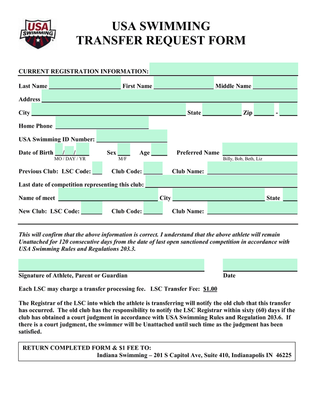 USA Swimming Transfer Request Form screenshot