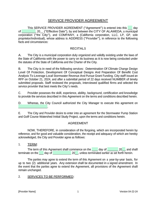 SERVICE PROVIDER AGREEMENT screenshot