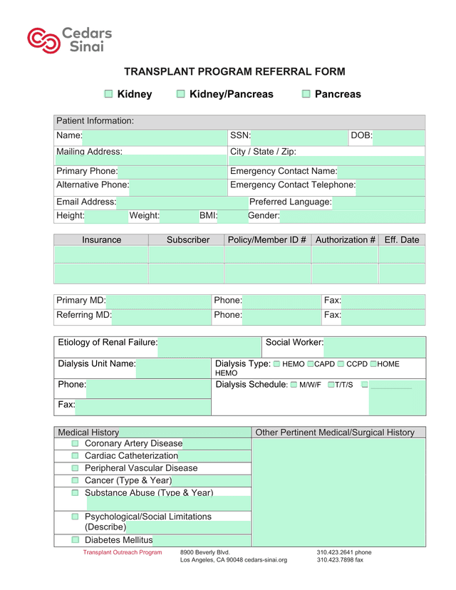 Transplant Program Referral Form screenshot