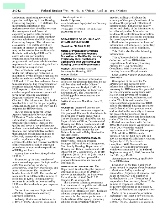 Agency Performance Review, Form HUD9910 screenshot